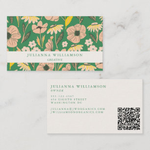 Modern Boho Floral Pink Green Colourful QR Code Business Card