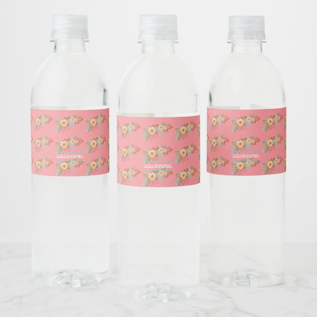 Modern Boho Floral Pink  Water Bottle Label (Bottles)