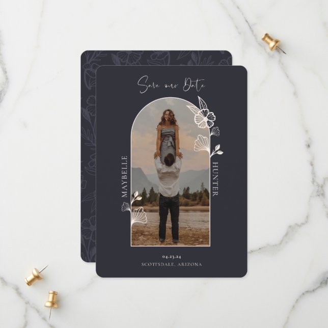 Modern Boho Floral Rose Photo Arch Black Save The Date (Front/Back In Situ)