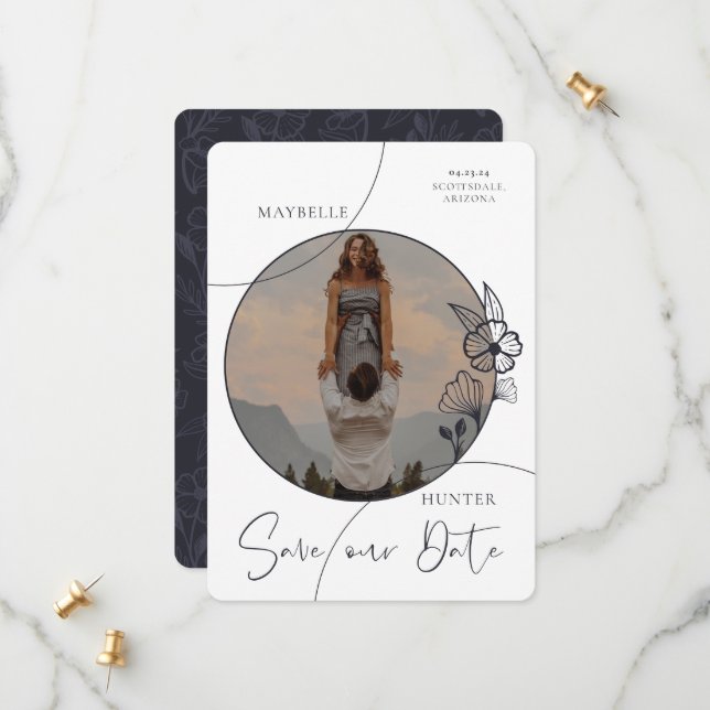 Modern Boho Floral Rose Photo Circle Navy & White Save The Date (Front/Back In Situ)