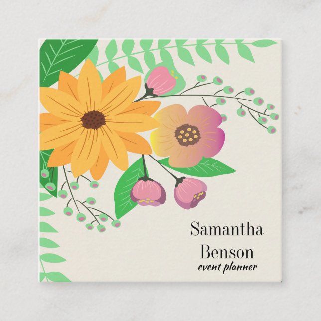 Modern Boho Floral Square Business Card (Front)