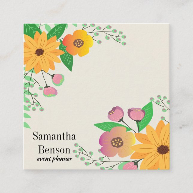 Modern Boho Floral Square Business Card (Front)