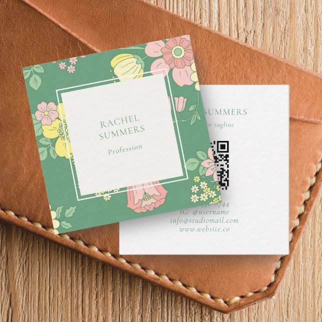 Modern Boho Floral Square QR  Business Card (Creator Uploaded)