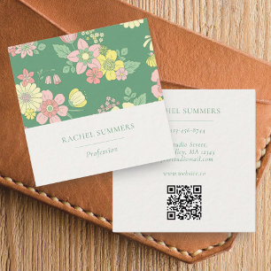 Modern Boho Floral Square QR  Square Business Card