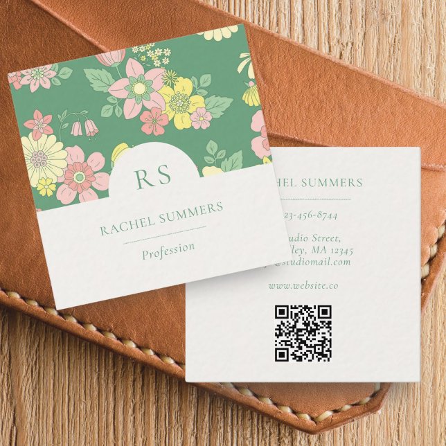 Modern Boho Floral Square QR  Square Business Card (Creator Uploaded)