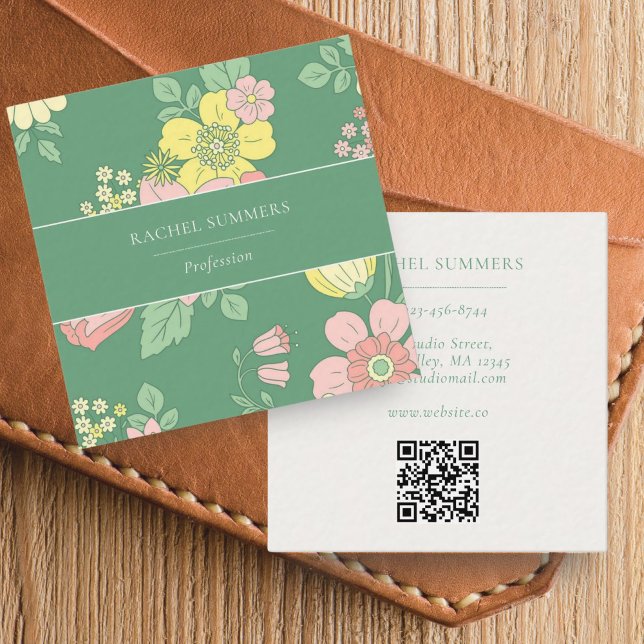 Modern Boho Floral Square QR  Square Business Card (Creator Uploaded)