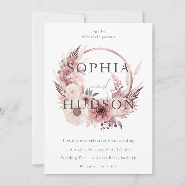 Modern Boho Floral Wreath Wedding Invitation (Front)