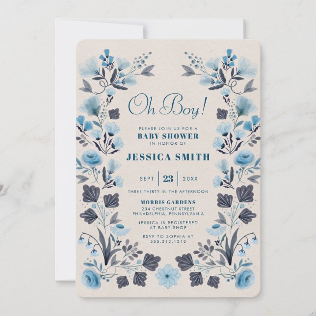 Modern Boho Folk Blue Boy Baby Shower Invitation (Front)