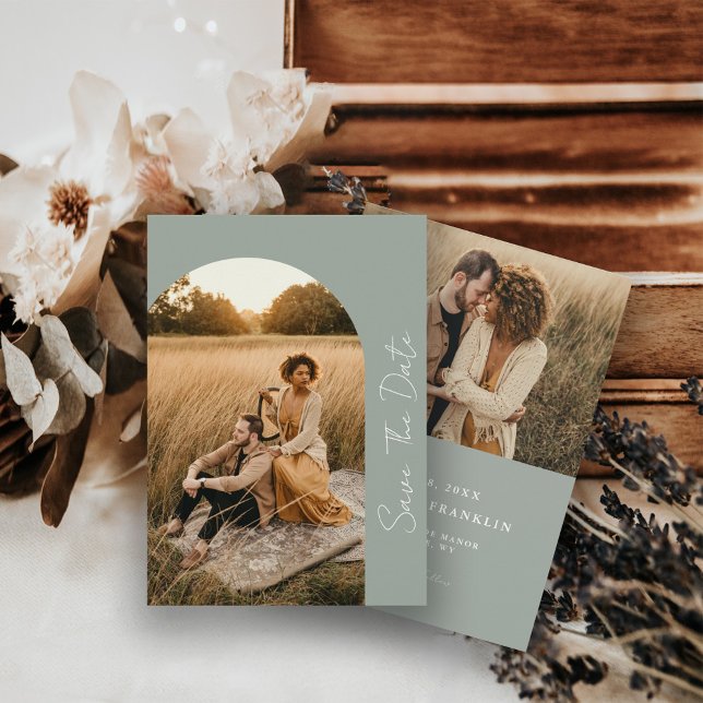 Modern Boho Frame Sage Wedding Photo  Save The Date (Creator Uploaded)