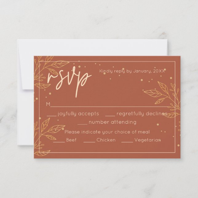 Modern Boho Gold Leaf Wedding Meal Choice RSVP Card (Front)