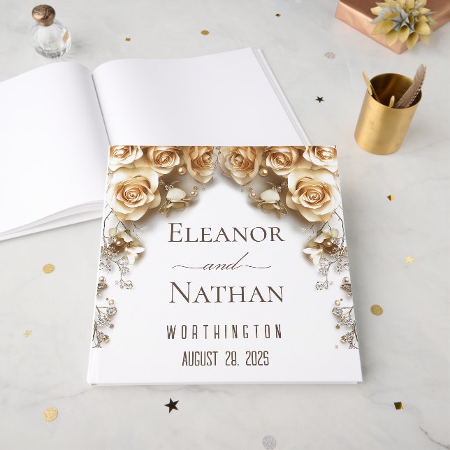 Modern Boho Golden Roses Spring Wedding Guest Book (Front Open)