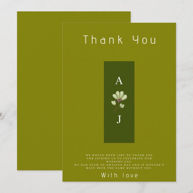 Modern Boho Green Flat Wedding Thank You Card (Front/Back)