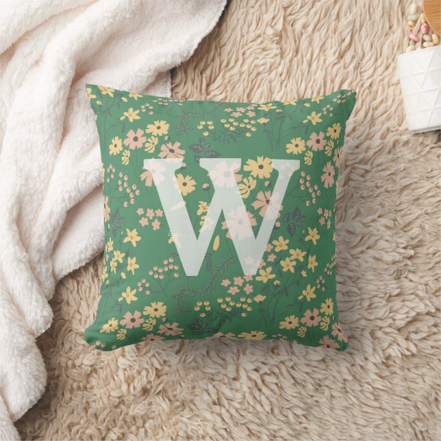 Modern Boho Green Floral Monogram Initial Cushion (Blanket)