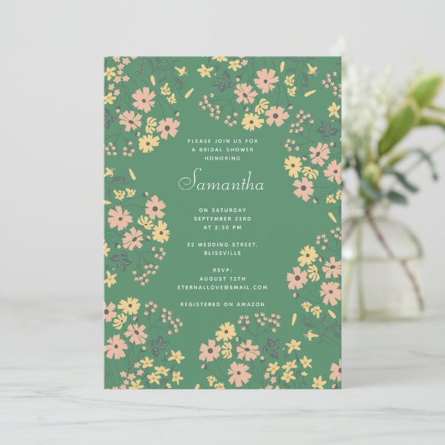 Modern Boho Green Floral Pattern Bridal Shower Invitation (Standing Front)