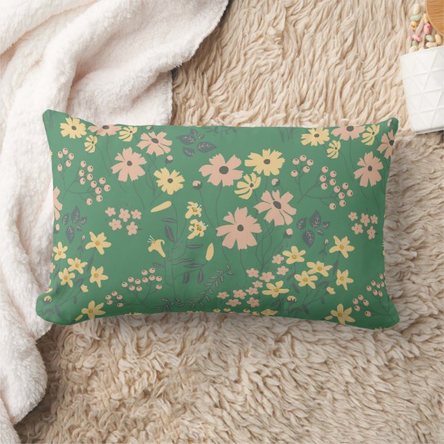 Modern Boho Green Floral Pattern Lumbar Cushion (Blanket)