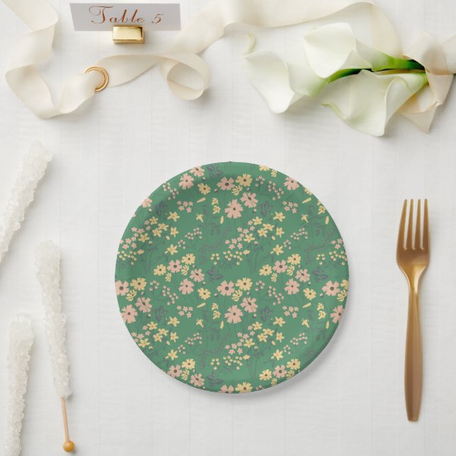Modern Boho Green Floral Pattern Paper Plate (Wedding)