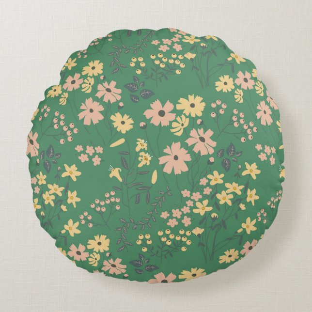 Modern Boho Green Floral Pattern Round Cushion (Front)