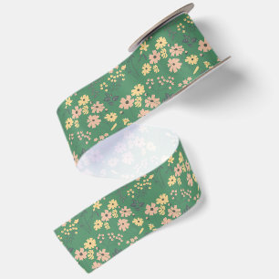 Modern Boho Green Floral Pattern Satin Ribbon