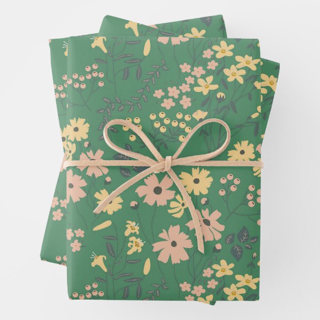 Modern Boho Green Floral Pattern Wrapping Paper Sheet (In situ)