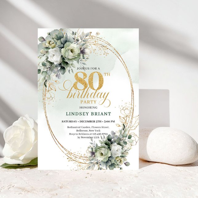 Modern Boho Greenery 80th Birthday Invitation (Modern Boho Greenery 80th Birthday Invitation)