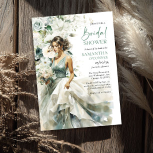 Modern boho greenery eucalyptus white flowers invitation