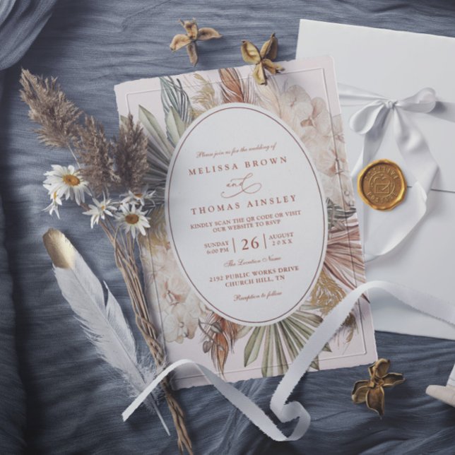 modern boho greenery pampas grass qr code wedding invitation (Creator Uploaded)