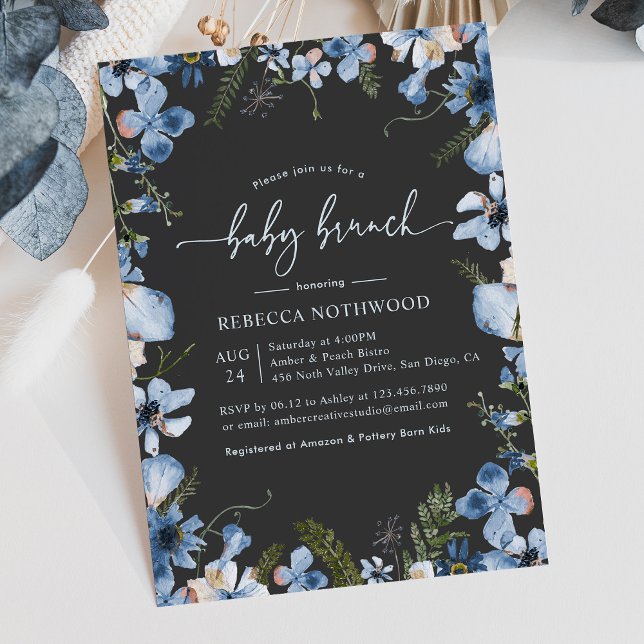 Modern Boho Grey Blue Floral Baby Brunch Shower Invitation (Creator Uploaded)