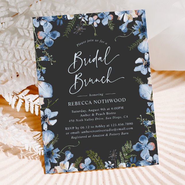 Modern Boho Grey Dusty Blue Floral Bridal Brunch Invitation (Creator Uploaded)