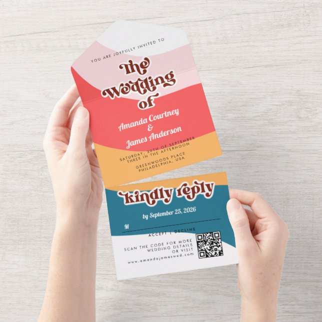 Modern Boho Groovy Retro 70s Wedding All In One Invitation (Tearaway)