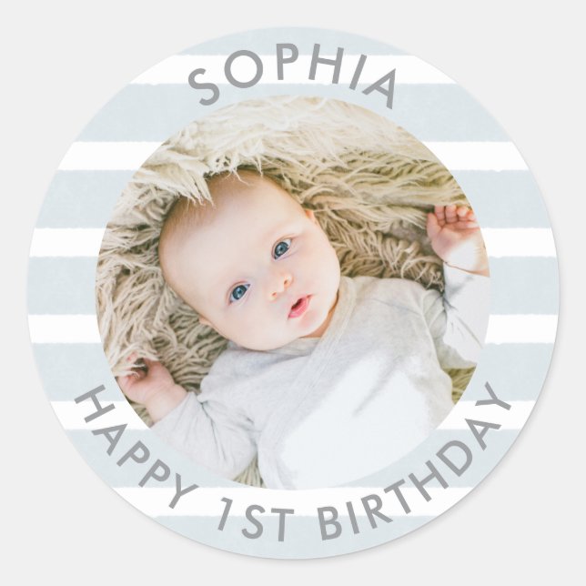Modern Boho Happy 1st Birthday Photo Coastal Classic Round Sticker (Front)