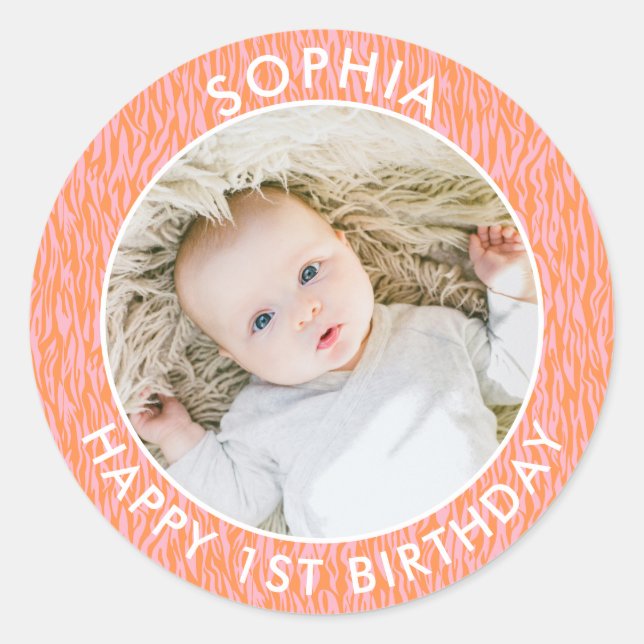 Modern Boho Happy 1st Birthday Photo Safari Classic Round Sticker (Front)