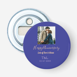 Modern boho happy anniversary add name blue orange bottle opener