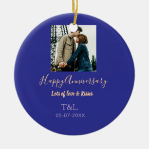 Modern boho happy anniversary add name blue orange ceramic ornament