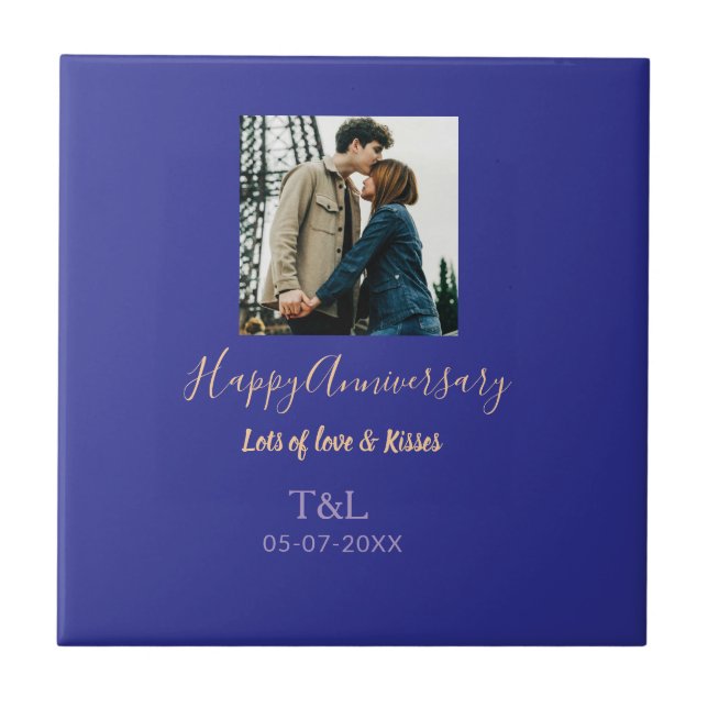 Modern boho happy anniversary add name blue orange ceramic tile (Front)