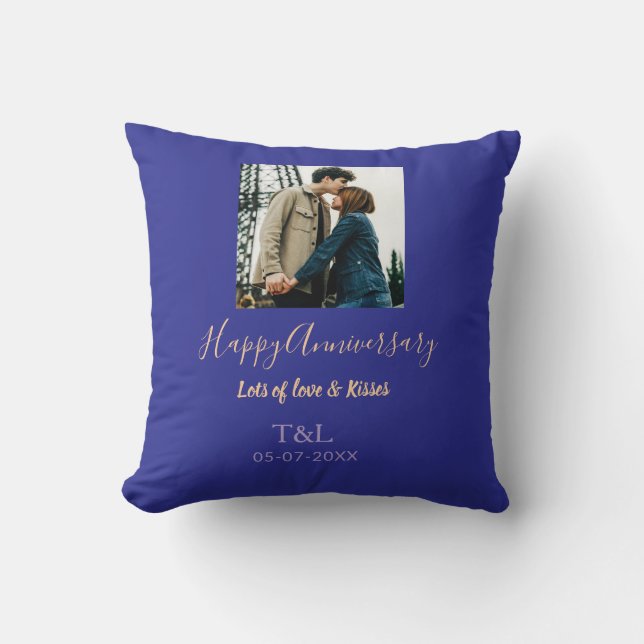 Modern boho happy anniversary add name blue orange cushion (Front)