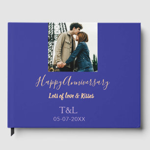 Modern boho happy anniversary add name blue orange guest book