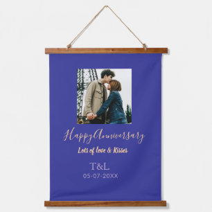 Modern boho happy anniversary add name blue orange hanging tapestry