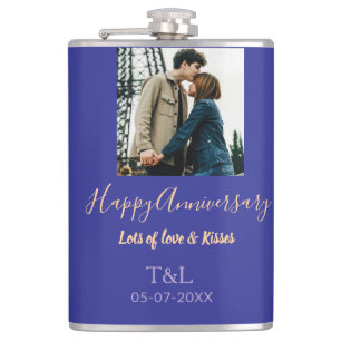 Modern boho happy anniversary add name blue orange hip flask
