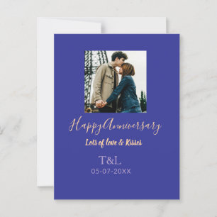 Modern boho happy anniversary add name blue orange postcard
