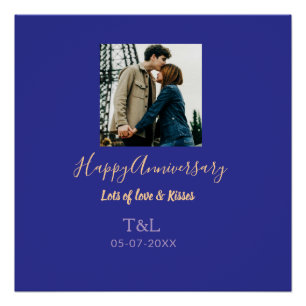 Modern boho happy anniversary add name blue orange poster