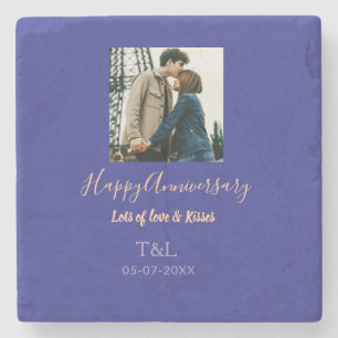Modern boho happy anniversary add name blue orange stone coaster