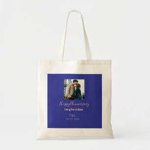 Modern boho happy anniversary add name blue orange tote bag