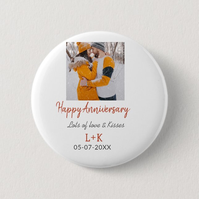 Modern boho happy anniversary add name date orange 6 cm round badge (Front)
