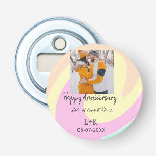 Modern boho happy anniversary add name date orange bottle opener