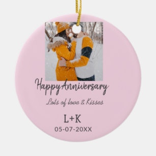Modern boho happy anniversary add name date orange ceramic ornament