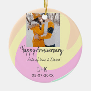 Modern boho happy anniversary add name date orange ceramic ornament