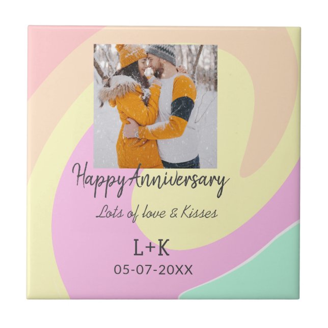 Modern boho happy anniversary add name date orange ceramic tile (Front)