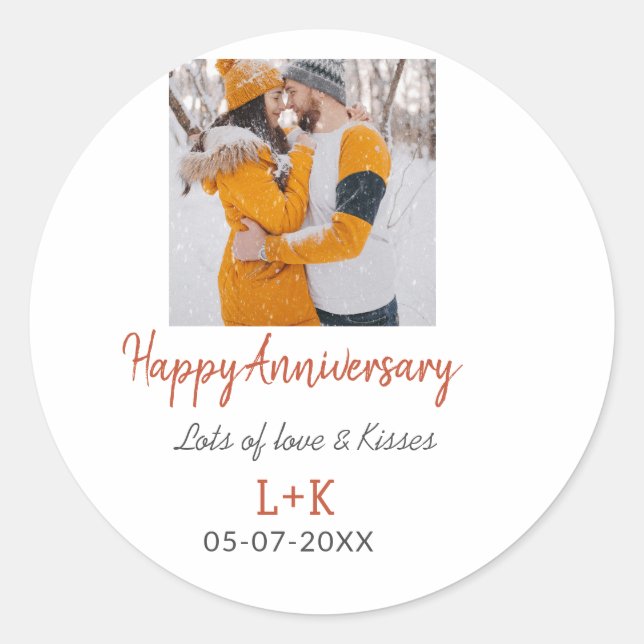 Modern boho happy anniversary add name date orange classic round sticker (Front)