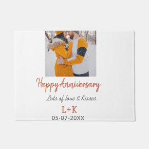 Modern boho happy anniversary add name date orange doormat