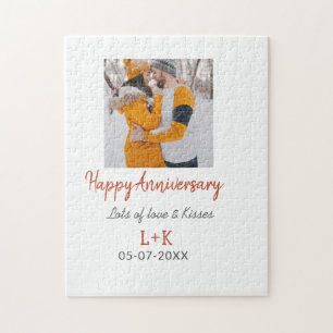 Modern boho happy anniversary add name date orange jigsaw puzzle